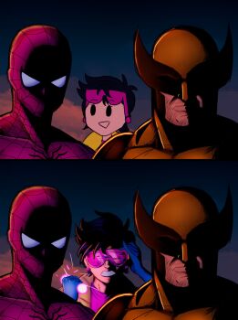 1girl 2boys beard before_and_after bodysuit commentary english_commentary facial_hair highres jubilee marvel mask mask_on_head multiple_boys shaded_face spider-man spider-man_(series) sunglasses superhero_costume tamalrickolino wolverine_(x-men) x-men