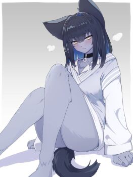 animal_ears animal_nose ass bare_legs black_fur black_hair blue_hair blush border bottomless breasts closed_mouth colored_inner_hair commentary_request furry furry_female grey_background grey_robe highres knees_up looking_at_viewer medium_breasts medium_hair multicolored_hair namo_(sani_yang's_laboratory) o-ring_collar puff_of_air robe sani_yang's_laboratory sitting slit_pupils tail talesshop thighs two-tone_robe white_border white_robe wolf_ears wolf_girl wolf_tail yellow_eyes yonaga_san