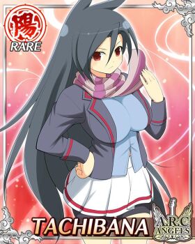 1girl adjusting_scarf arm_up bike_shorts black_hair black_jacket blue_shirt border breasts card_(medium) character_name closed_mouth english_text frown game_cg hand_on_own_hip jacket large_breasts long_hair looking_at_viewer official_alternate_costume official_art open_clothes open_jacket parted_bangs purple_scarf red_eyes scarf senran_kagura senran_kagura_new_wave shirt solo striped_clothes striped_scarf tachibana_(senran_kagura) very_long_hair