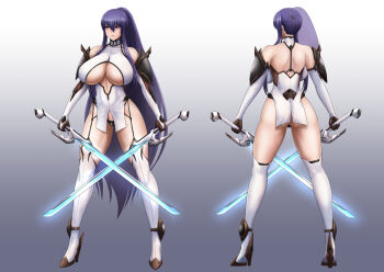 1girl akiyama_rinko alternate_costume ass bodysuit breasts cleavage_cutout clothing_cutout full_body highres holding holding_sword holding_weapon huge_breasts long_hair multiple_views nikozes official_alternate_costume ponytail reference_sheet revealing_clothes shiny_skin sword taimanin_(series) taimanin_yukikaze thong very_long_hair weapon white_bodysuit
