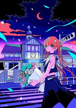 1girl aqua_nails arm_tattoo blue_eyes blue_shirt blue_skirt bouquet braid closed_mouth commentary confetti crescent_moon crop_top crosswalk double_bun flower hair_between_eyes hair_bun highres holding holding_bouquet long_hair looking_ahead moon multiple_braids nakazawa_ayami night night_sky original red_hair sailor_collar shirt skirt sky sleeveless sleeveless_shirt solo tattoo