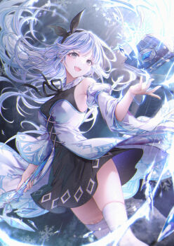 1girl :d armpits bare_shoulders black_dress black_hairband black_ribbon blue_theme book breasts commentary_request detached_sleeves dot_nose dress floating_hair grey_eyes grey_hair hair_ribbon hair_spread_out hairband hand_up head_tilt highres holding juliet_sleeves long_hair long_sleeves looking_at_viewer looking_to_the_side magician_(ice_lightning) maplestory medium_breasts open_book open_mouth ozzingo puffy_sleeves ribbon skindentation sleeveless sleeveless_dress smile snowflakes solo standing teeth thighhighs thighs tsurime upper_teeth_only very_long_hair white_sleeves white_thighhighs wide_sleeves
