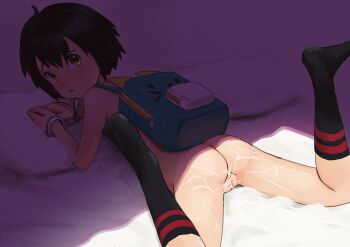 1girl :&lt; absurdres aqua_bag ass backpack bag bdsm bed_sheet black_hair black_socks blush bondage bound brown_eyes cleft_of_venus commentary completely_nude cowlick cuffs cum double_horizontal_stripe elbow_rest embarrassed feet_up female_focus from_behind full_body hair_between_eyes handcuffs highres kneehighs loli looking_at_viewer looking_back lying marvel nude on_bed on_stomach own_hands_together parted_lips peni_parker pill pillow pussy raised_eyebrows red_socks restrained rssx sexually_suggestive shadow short_hair silk simulated_bukkake socks solo spider-man:_into_the_spider-verse spider-man_(series) spider-verse spider_web spread_legs suggestive_fluid symbol-only_commentary two-tone_socks wide_spread_legs worried