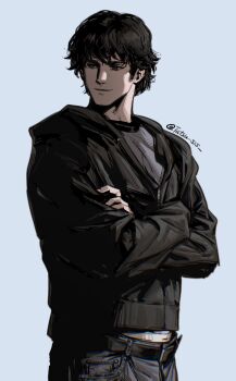 Rule 34 | 1boy, black pants, brown eyes, brown hair, closed mouth, cowboy shot, crew neck, grey background, grey shirt, hashtag-only commentary, highres, hood, hood down, hooded jacket, jacket, long sleeves, looking to the side, male focus, pants, parted hair, sam winchester, shirt, sideways glance, simple background, smile, solo, supernatural (tv series), tatsu (tatsumccree), twitter username