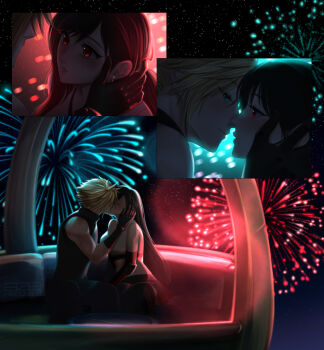 1boy 1girl absurdres aerial_fireworks azezazel bare_shoulders black_gloves black_hair black_skirt black_thighhighs blonde_hair blush breasts close-up cloud_strife couple crop_top earrings eye_contact face-to-face ferris_wheel ferris_wheel_interior final_fantasy final_fantasy_vii final_fantasy_vii_rebirth final_fantasy_vii_remake fireworks from_side gloves gondola hand_on_another's_cheek hand_on_another's_face hetero highres jewelry kiss large_breasts long_hair looking_at_another multiple_views night night_sky red_eyes scene_reference short_hair sitting skirt sky sleeveless sleeveless_turtleneck spiked_hair sweater tank_top thighhighs tifa_lockhart turtleneck turtleneck_sweater white_tank_top
