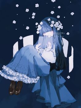 1girl blue_hair blue_skirt blunt_bangs book brown_shoes closed_eyes commission covered_mouth flower frilled_skirt frills full_body hair_flower hair_ornament highres holding holding_book lilium_susan long_hair long_skirt long_sleeves open_book original shirt shoes skeb_commission skirt solo white_flower white_shirt