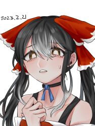 Rule 34 | 1girl, akaakaakaakashio, black choker, bow, breasts, bright pupils, brown eyes, chinese commentary, choker, commentary request, cookie (touhou), dated, detached sleeves, dress, frilled bow, frills, gradient background, grey hair, hair between eyes, hair bow, hakurei reimu, highres, long hair, looking at viewer, medium breasts, parted lips, red bow, red dress, sidelocks, simple background, sleeveless, sleeveless dress, solo, touhou, upper body, white background, white pupils, white sleeves, yuyusu (cookie)