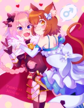 2boys :3 absurdres androgynous animal_ear_fluff animal_ears armored_skirt artist_name astolfo_(fate) astolfo_(rider)_(fate) back_bow black_bow black_garter_straps black_sweater black_thighhighs blush bow braid brown_hair cape cat_boy cat_ears cat_tail commentary cowboy_shot dress english_commentary fang fate/apocrypha fate_(series) felix_argyle frilled_dress frills fur-trimmed_cape fur_trim garter_straps gauntlets gorget hair_bow hair_intakes heart highres horn_(instrument) hug juliet_sleeves large_bow long_hair long_sleeves male_focus mars_symbol multicolored_hair multiple_boys multiple_hair_bows open_mouth orange_eyes pink_hair polka_dot polka_dot_background princessmisery puffy_sleeves purple_eyes re:zero_kara_hajimeru_isekai_seikatsu short_hair single_braid skin_fang slit_pupils smile spoken_mars_symbol streaked_hair sweater tail thighhighs two-sided_cape two-sided_fabric v white_cape white_hair zettai_ryouiki