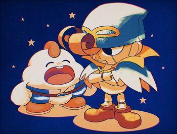 2boys belt blue_background blue_cape brown_footwear buck_teeth cape clenched_hands closed_eyes crossed_arms doll_joints geno_(mario) hat high_collar highres hscatter joints looking_at_another male_focus mallow_(mario) mario_(series) multiple_boys nintendo open_mouth pants phrygian_cap pink_hair smile star_(symbol) striped_clothes striped_pants super_mario_rpg teeth