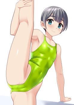 1girl absurdres blue_eyes cameltoe clothes_writing commentary_request competition_swimsuit covered_navel flat_chest green_one-piece_swimsuit grey_hair highleg highleg_one-piece_swimsuit highres kneepits one-piece_swimsuit original short_hair simple_background solo split standing standing_on_one_leg standing_split swimsuit takafumi variant_set white_background