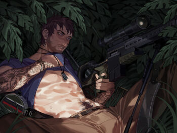 1boy abs arm_tattoo blue_eyes blue_shirt blush brown_hair brown_pants brown_pubic_hair bulge canteen clothes_lift dog_tags facial_hair far_cry far_cry_3 gun hiding highres holding holding_gun holding_weapon jason_brody jungle machete male_focus male_pubic_hair muscular muscular_male nature on_ground pants pubic_hair rifle scar scar_on_face shirt shirt_lift short_hair short_sleeves sniper_rifle sweat tattoo thetrashbinoverthere weapon weapon_request yaoi