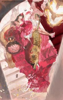 Rule 34 | bare shoulders, black hair, dress, flamma (immortalemignis), frilled dress, frills, full body, gloves, hanging light, highres, jewelry, leopard, long hair, original, pointed crown, stairs