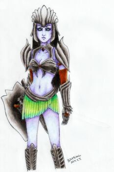 Rule 34 | 1girl, armor, armored boots, black armor, black hair, black sclera, blue eyes, blue skin, boobplate, boots, breastplate, bukkbianka, clawed gauntlets, cleavage cutout, clothing cutout, colored pencil (medium), colored sclera, colored skin, commentary, cowboy shot, dark seducer (mazken), dated, english commentary, facing viewer, green skirt, grey skin, helmet, highres, holding, holding shield, knee boots, long hair, midriff, revealing clothes, shield, shoulder armor, signature, skirt, slit pupils, solo, standing, tank top, the elder scrolls, the elder scrolls iv: oblivion, traditional media, white background