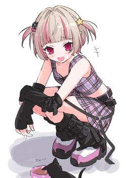 Rule 34 | +++, 1girl, :d, absurdres, arm belt, arm warmers, bare shoulders, belt, black arm warmers, black belt, black cat, black gloves, black leg warmers, blunt bangs, blush, candy, cat, cigarette candy, collarbone, colored inner hair, commentary request, crop top, cross-laced clothes, cross-laced top, fang, fingerless gloves, food, from side, full body, furrowed brow, gloves, grey hair, hair intakes, hair ornament, highres, holding, holding candy, holding food, kokeshi (kokekokeko619), leg belt, leg warmers, looking at animal, loose belt, makaino ririmu, makaino ririmu (6th costume), midriff, miniskirt, multicolored hair, multicolored hair bobbles, multiple belts, nijisanji, no headwear, no jacket, open mouth, pink hair, pink shoes, pink skirt, pink streaks, plaid clothes, plaid skirt, pleated skirt, pointy ears, red eyes, shoes, short hair, simple background, skin fang, skirt, sleeveless, smile, solo, squatting, star (symbol), star hair ornament, streaked hair, two-tone hair, two side up, virtual youtuber, white background, wolf cut