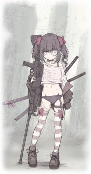 1girl arm_at_side assault_rifle black_hair black_panties blunt_bangs bow bow_legwear brown_cardigan brown_shoes cardigan closed_mouth collarbone commentary_request crop_top cropped_shirt dot_nose expressionless eyepatch fallenshadow full_body gun hair_bow hair_ornament hand_up highres holding holding_gun holding_weapon indie_virtual_youtuber katana knife long_sleeves medical_eyepatch medium_hair midriff muted_color navel off-shoulder_shirt off_shoulder one_eye_covered panties petite pettan_(zeez4743) red_bow rifle sheath sheathed shirt shoes sleeves_past_wrists solo split_mouth standing striped_clothes striped_thighhighs sword thigh_strap thighhighs twintails underwear variant_set virtual_youtuber weapon white_shirt x_hair_ornament