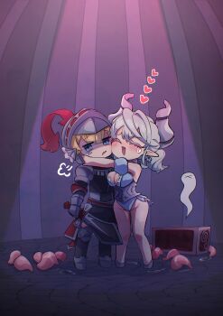 absurdres armored_corset blush breasts c_civciv cleavage demon_girl demon_horns dress drill_hair duel_monster gloves grey_hair highres horns knight_(yu-gi-oh!) large_breasts lovely_labrynth_of_the_silver_castle multiple_girls pointy_ears smile twin_drills twintails white_hair white_horns yu-gi-oh! yuri