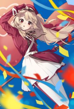 1girl belt blonde_hair blush commentary_request confetti fang from_below hat highres long_hair long_sleeves looking_at_viewer natori_sana open_mouth poyadi red_eyes red_hat red_shirt sana_channel shirt skirt solo streamers virtual_youtuber white_belt white_skirt
