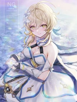 1girl bare_shoulders black_gloves blonde_hair breasts cleavage closed_mouth commentary detached_sleeves dress field flower flower_field genshin_impact gloves hair_between_eyes hair_flower hair_ornament highres holding holding_flower long_hair lumine_(genshin_impact) medium_breasts partially_fingerless_gloves short_hair_with_long_locks sitting sleeveless sleeveless_dress smile snow20200 solo watermark white_dress white_flower white_sleeves yellow_eyes