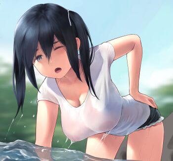 1girl bent_over blue_hair blurry blurry_background breasts commentary_request covered_erect_nipples denim denim_shorts hand_on_own_back kantai_collection large_breasts one_eye_closed outdoors river see-through_clothes see-through_shirt shirt shorts solo souryuu_(kancolle) wa_(genryusui) wet wet_clothes wet_hair wet_shirt