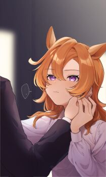 ... 1boy 1girl alternate_hair_length alternate_hairstyle amano_(amano_miko) animal_ears black_suit closed_mouth commentary_request corrupted_twitter_file formal_clothes hand_on_another's_face hand_on_another's_hand highres horse_ears horse_girl indoors light_blush long_hair long_sleeves looking_at_another orange_hair pink_shirt purple_eyes shirt spoken_ellipsis suit t.m._opera_o_(umamusume) umamusume white_shirt