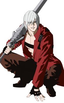 Rule 34 | 1boy, 420095suzu, absurdres, black boots, black gloves, black pants, blue eyes, boots, coat, dante (devil may cry), devil may cry, devil may cry (series), devil may cry 3, eyes visible through hair, fingerless gloves, gloves, grin, hand on ground, hashtag-only commentary, highres, holding, holding sword, holding weapon, leather, leather coat, leather pants, looking to the side, male focus, pants, red coat, short hair, simple background, smile, smug, solo, squatting, sword, topless male, weapon, white background, white hair