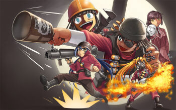 5girls abe_takakazu animification bomb bottle cosplay crazy crazy_eyes demoman_(tf2) engineer_(tf2) explosive eyepatch fang fire flamethrower formal_clothes gas_mask gender_request genderswap hat helmet higurashi_no_naku_koro_ni holding holding_bomb holding_flamethrower holding_weapon kuso_miso_technique long_hair man_(trance) mask multiple_girls parody pyro_(tf2) red_demoman_(tf2) red_engineer_(tf2) red_pyro_(tf2) red_soldier_(tf2) red_spy_(tf2) rocket_launcher soldier_(tf2) spy_(tf2) suit team_fortress_2 weapon yaranaika