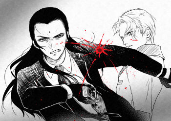 2boys bindi black_gloves black_hair black_necktie black_suit blonde_hair blood blood_splatter bullet_hole clenched_teeth coat collar eyebrows eyes_visible_through_hair final_fantasy final_fantasy_vii final_fantasy_vii_remake formal_clothes gloves gun gunshot_wound holding holding_gun holding_weapon holster long_hair looking_at_another looking_at_viewer male_focus monochrome multiple_boys necktie parted_lips reiya_188_92 rufus_shinra short_hair square_enix suit teeth tseng turks_(ff7) weapon white_coat wing_collar