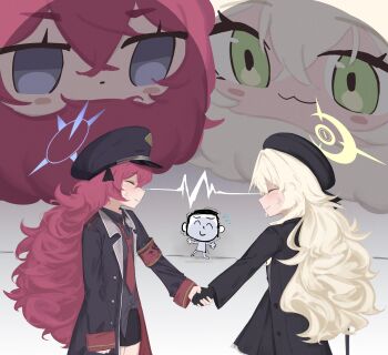 1boy 2girls absurdres ahiru_(ahahahahiru) anger_vein beret black_coat black_gloves black_hat blonde_hair blue_archive chibi chibi_inset closed_mouth coat commentary_request doodle_sensei_(blue_archive) false_smile fluffy_hair gloves halo handshake hat highres iroha_(blue_archive) lightning_glare long_hair long_sleeves look-alike multiple_girls necktie open_clothes open_coat professor_niyaniya_(blue_archive) profile red_hair red_necktie sensei_(blue_archive) smile