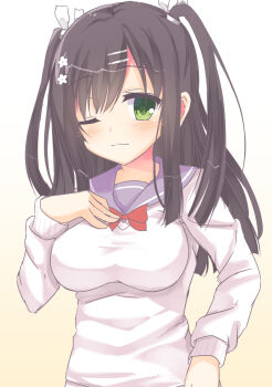 Rule 34 | 1girl, ;3, alternate eye color, black hair, blunt ends, blush, bow, bowtie, breasts, closed mouth, commentary request, flower, gradient background, green eyes, grey sailor collar, hair between eyes, hair flower, hair ornament, hair ribbon, hairclip, hand up, highres, impossible clothes, impossible sweater, large breasts, long hair, looking at viewer, one eye closed, parallel hairclips, red bow, red bowtie, ribbon, sailor collar, sanoba witch, segaxtu, sidelocks, simple background, sleeves past wrists, smile, solo, sweat, sweater, togakushi touko, two side up, upper body, white background, white flower, white ribbon, white sweater, yellow background