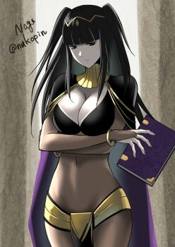 1girl black_hair breasts cape cleavage fire_emblem highres large_breasts long_hair nagasaki_yuko navel nintendo see-through_clothes solo tharja_(fire_emblem) twintails