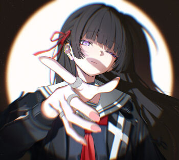 Rule 34 | 1girl, absurdres, black hair, black jacket, black shirt, chisa (wuthering waves), chromatic aberration, closed mouth, commentary, hair ribbon, hand up, highres, jacket, long hair, looking at viewer, mole, mole under eye, nervi fd, one eye closed, purple eyes, red ribbon, ribbon, sailor collar, shirt, solo, upper body, white sailor collar, wuthering waves