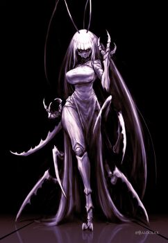 1girl absurdres antennae arthropod_girl arthropod_limbs baloolax black_background black_sclera cockroach_girl colored_sclera dress highres long_hair matara_kan monster_girl orange_eyes reflective_floor solo standing twitter_username virtual_youtuber vshojo white_dress white_hair