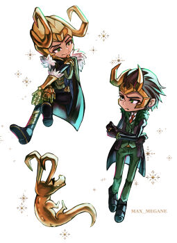 2boys absurdres alligator alligator_loki artist_name black_gloves black_hair black_jacket cape commentary_request crocodilian crossed_legs fake_horns fur-trimmed_cape fur-trimmed_gloves fur-trimmed_jacket fur_trim gloves gold_gloves gold_helmet green_cape green_eyes green_pants green_vest helmet highres horned_headwear horned_helmet horns jacket loki_(marvel) loki_(presidential_attire)_(marvel) looking_at_another looking_to_the_side male_focus marvel marvel_rivals megane_(0max_megane0) multiple_boys multiple_persona necktie official_alternate_costume pants red_necktie shirt short_hair sparkle sunglasses thor_(marvel)_(series) vest white_background white_shirt