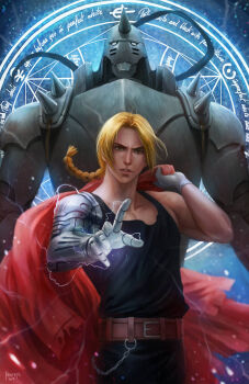 2boys alphonse_elric blonde_hair braid coat commentary edward_elric electricity english_commentary fullmetal_alchemist highres magic_circle male_focus mechanical_arms medium_hair multiple_boys nopeys original red_coat toned toned_male