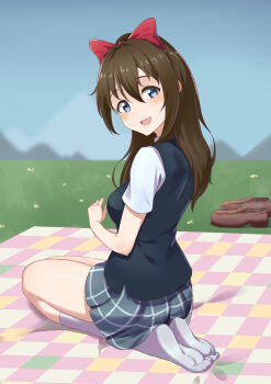 1girl absurdres blue_eyes blush bow brown_hair feet hair_bow highres loafers long_hair looking_at_viewer love_live! love_live!_nijigasaki_high_school_idol_club open_mouth osaka_shizuku picnic_blanket seiza shoes sitting socks soles steam unworn_shoes yzlkun