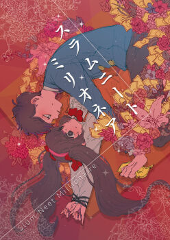 1boy 1girl black_hair bound bound_wrists chibimi cover cover_page flower hands_up headband holding holding_money ichino_(icn321) jacket matsuno_ichimatsu money osomatsu-san osomatsu_(series) pink_headband pushing_down red_ribbon ribbon small_pupils suit_jacket sweat sweatdrop tied_up_(nonsexual) twintails