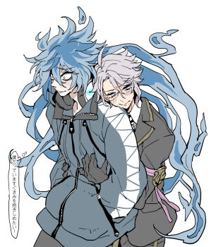 Rule 34 | 2boys, adam's apple, ahoge, arm ribbon, asymmetrical sidelocks, averting eyes, azul ashengrotto, bags under eyes, black gloves, black jacket, black trim, blazer, blue eyes, blue hair, blue jacket, blue lips, blush, collarbone, collared shirt, commentary request, cowboy shot, curtained hair, diagonal-striped clothes, diagonal-striped necktie, fiery hair, flustered, from side, front-to-back, furrowed brow, glasses, gloves, gold trim, grey hair, gripping clothes, hair between eyes, hands in pockets, head on another's shoulder, headphones, headphones around neck, highres, hug, hug from behind, idia shroud, isofu, jacket, light smile, long hair, looking ahead, looking to the side, male focus, mole, mole under mouth, multiple boys, necktie, nervous sweating, night raven college school uniform, pale skin, parted bangs, parted hair, partially unzipped, purple ribbon, raised inner eyebrows, ribbon, school uniform, shirt, short hair, shy, sidelocks, sideways glance, simple background, small sweatdrop, speech bubble, striped clothes, sweat, thought bubble, translation request, twisted wonderland, v-shaped eyebrows, very long hair, wavy hair, white background, white shirt, wide-eyed, yaoi, yellow eyes, zipper, zipper pull tab