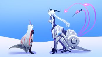 2girls alpha_(pgr) breasts centaur commentary crossed_arms cyborg cycielops english_commentary faceless faceless_female from_side grey_hair headgear height_difference horns joints long_hair mecha_musume mechanical_arms mechanical_legs medium_breasts multicolored_hair multiple_girls multiple_legs multiple_tails punishing:_gray_raven red_hair robot_joints rosetta_(pgr) shadow sidelocks sitting tail taur two-tone_hair very_long_hair white_hair wide_ponytail