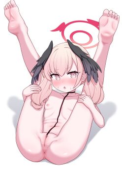 1girl absurdres anus ass black_wings blackness_(blackness661) blue_archive blush breasts completely_nude dot_nose feathered_wings folded full_body halo head_wings highres knees_to_chest koharu_(blue_archive) leg_grab legs_over_head legs_up loli looking_at_viewer lying navel nipples nude on_back open_mouth pink_eyes pink_hair pussy red_halo small_breasts soles solo spread_legs twintails uncensored v_legs white_background wings