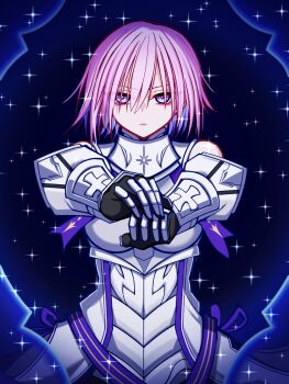 1girl armor bare_shoulders breasts colored_inner_hair commission detached_sleeves expressionless fate/grand_order fate_(series) highres large_breasts mash_kyrielight mash_kyrielight_(paladin) mcpc_zamurai multicolored_hair pink_hair purple_eyes purple_hair short_hair skeb_commission solo sparkle_background white_armor