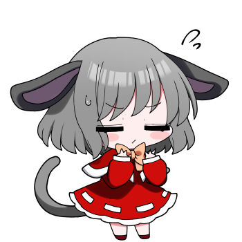 Rule 34 | 1girl, absurdres, animal ears, blush stickers, bow, bowtie, capelet, chibi, chibi only, closed eyes, closed mouth, commentary request, dress, flying sweatdrops, full body, grey hair, hands up, highres, long sleeves, mouse ears, mouse girl, mouse tail, nazrin, red capelet, red dress, red shoes, shoes, short hair, simple background, solo, standing, sweatdrop, tail, touhou, white background, yellow bow, yellow bowtie, you (noanoamoemoe)