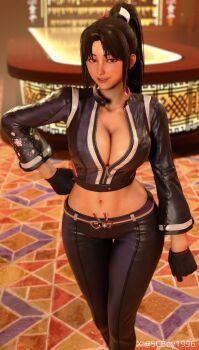 1girl 3d absurdres black_gloves black_jacket black_pants breasts brown_eyes brown_hair cleavage fatal_fury fatal_fury:_city_of_the_wolves female_focus game_screenshot gloves hand_on_own_hip highres jacket large_breasts leather leather_jacket lipstick long_hair looking_at_viewer makeup midriff navel official_alternate_costume pants ponytail shiranui_mai smile snk solo street_fighter street_fighter_6 the_king_of_fighters toned