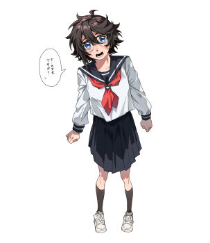 1girl black_hair blue_eyes blush chinese_commentary commentary d: full_body glasses highres jiguang_haibao kneehighs long_sleeves looking_at_viewer momijiyama_teru neckerchief open_mouth red_neckerchief sailor_collar school_uniform shirt shoes short_hair shy_(series) simple_background skirt socks solo speech_bubble teeth translation_request white_background white_shoes