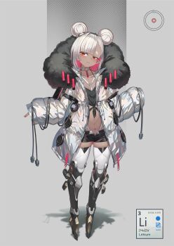 1girl black_shorts boots closed_mouth collarbone commentary_request dark-skinned_female dark_skin double_bun full_body fur-trimmed_jacket fur_trim grey_background grey_hair grey_jacket hair_bun head_tilt highres jacket long_sleeves looking_at_viewer mecha_musume multicolored_hair natori_youkai navel open_clothes open_fly open_jacket open_shorts original periodic_table pointy_ears puffy_long_sleeves puffy_sleeves red_eyes red_hair short_eyebrows short_shorts shorts skindentation sleeves_past_wrists smile solo standing thick_eyebrows thigh_boots thighhighs thighhighs_under_boots two-tone_hair white_thighhighs