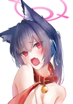 1girl @_@ animal_collar animal_ear_fluff animal_ears bell black_hair blue_archive blue_ribbon cat_ears cat_girl collar commentary embarrassed extra_ears eyes_visible_through_hair fang fujiwara_haru_(nekonote) furrowed_brow hair_between_eyes hair_in_own_mouth hair_ribbon halo head_tilt highres jingle_bell leash long_hair looking_at_viewer neck_bell nude open_mouth pink_halo pov red_eyes ribbon serika_(blue_archive) sidelocks simple_background skin_fang solo teeth twintails upper_body upper_teeth_only viewer_holding_leash white_background