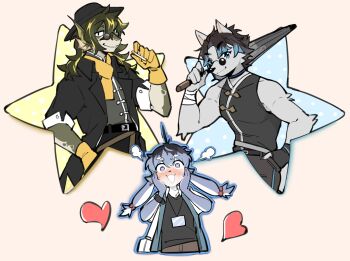 3boys animal_ears arknights artist_self-insert black_coat black_hat black_shirt blush chang_wen_(furrybar) cigarette closed_mouth coat colored_tips commentary dragon_boy dragon_ears english_commentary fins fish_tail furry furry_male furrybar gloves hands_on_own_cheeks hands_on_own_face hat heart heart-shaped_pupils highres holding holding_cigarette holding_umbrella id_card lee_(arknights) male_focus multicolored_hair multiple_boys open_mouth round_eyewear shirt shoko_contane sleeveless sleeveless_shirt smile star_(symbol) symbol-shaped_pupils tail umbrella white_background wolf_boy wolf_ears yellow_gloves