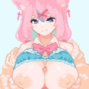 1girl animal_ears animated animated_gif blue_eyes bouncing_breasts bra breasts cat_ears cat_girl grabbing_own_breast green_bra hair_ornament looping_animation momiahair multicolored_hair nipples original paizuri penis pink_hair pixel_art puffy_nipples red_ribbon ribbon shirt simple_background sweater ugoira underwear white_shirt yellow_sweater