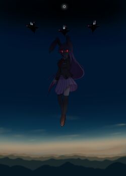1girl absurdres aircraft airplane animal_ears black_jacket black_thighhighs blue_sky breasts brown_shoes commentary crescent crescent_pin eclipse english_commentary f-15_eagle fighter_jet floating gamma_fourteen glowing glowing_eyes highres jacket looking_at_viewer medium_breasts military_vehicle mountainous_horizon necktie outdoors pink_skirt pleated_skirt purple_hair rabbit_ears rabbit_girl red_eyes red_necktie reisen_udongein_inaba shoes skirt sky solar_eclipse solo thighhighs touhou