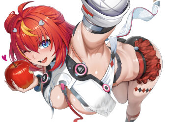 1girl ;d ahoge apple arm_up armpits ass bare_shoulders bent_over between_breasts bitten_apple black_shorts black_socks blonde_streaks blue_eyes blush breast_curtains breasts cleavage commentary covered_collarbone detached_sleeves fingernails food food_bite fruit hair_between_eyes hair_bun hair_ornament hasaya heart heart_hair_ornament holding holding_food holding_fruit kneehighs large_breasts long_fingernails long_hair looking_at_viewer micro_shorts multicolored_hair one_eye_closed open_mouth red_hair red_skirt revealing_clothes shorts showgirl_skirt sidelocks simple_background single_hair_bun skindentation skirt smile snowbreak:_containment_zone socks solo standing stomach strap_between_breasts streaked_hair teeth tess_kotkin two-tone_hair upper_teeth_only white_background white_sleeves