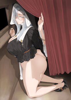 1girl absurdres ass black_shoes blush bottomless breasts brown_thighhighs cleavage curtains curvy from_outside from_side full_body grey_eyes grey_hair habit hair_between_eyes heredia_(throtem) highres kneeling large_breasts looking_at_viewer looking_to_the_side nun original shadow shoes solo source_request thighhighs throtem wide_sleeves